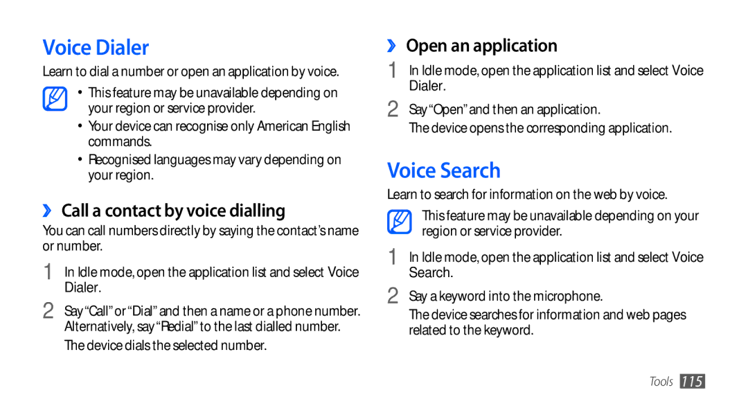 Samsung GT-I9001RWDDBT manual Voice Dialer, Voice Search, ›› Call a contact by voice dialling, ›› Open an application 