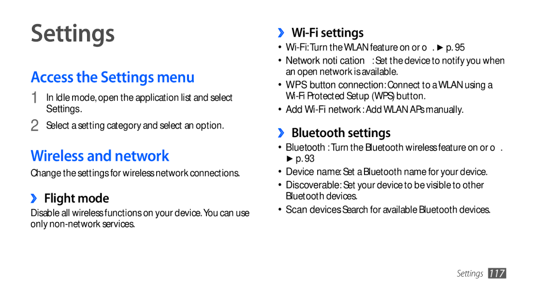 Samsung GT-I9001UWDDBT, GT-I9001HKDEPL, GT-I9001HKDATO, GT-I9001HKDVIA Access the Settings menu, Wireless and network 