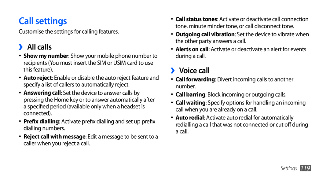 Samsung GT-I9001HKDXEG manual Call settings, ›› All calls, ›› Voice call, Customise the settings for calling features 