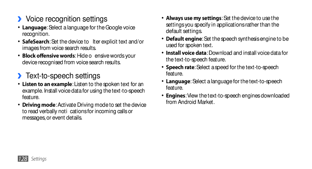 Samsung GT-I9001HKDDBT, GT-I9001HKDEPL, GT-I9001HKDATO manual ›› Voice recognition settings, ›› Text-to-speech settings 