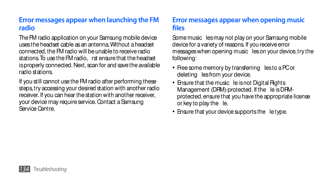 Samsung GT-I9001HKDXEG Error messages appear when launching the FM radio, Error messages appear when opening music files 