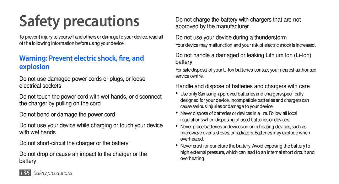 Samsung GT-I9001HKDATO, GT-I9001HKDEPL manual Safety precautions, Handle and dispose of batteries and chargers with care 