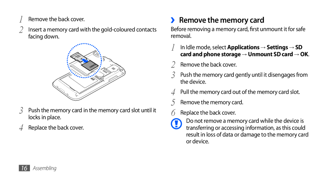 Samsung GT-I9001HKDATO, GT-I9001HKDEPL ›› Remove the memory card, Remove the back cover, Device, Replace the back cover 