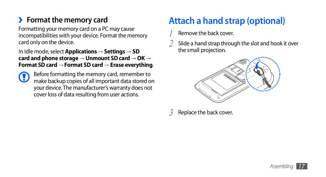 Samsung GT-I9001HKDVIA, GT-I9001HKDEPL manual Attach a hand strap optional, ›› Format the memory card, Small projection 