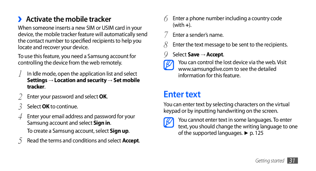 Samsung GT-I9001HKDATO, GT-I9001HKDEPL manual Enter text, ›› Activate the mobile tracker, Tracker, Select Save → Accept 