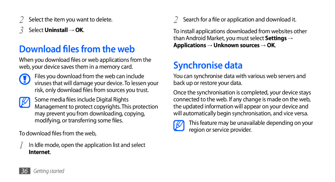 Samsung GT-I9001HKDVIT, GT-I9001HKDEPL manual Download files from the web, Synchronise data, Select Uninstall → OK, Internet 