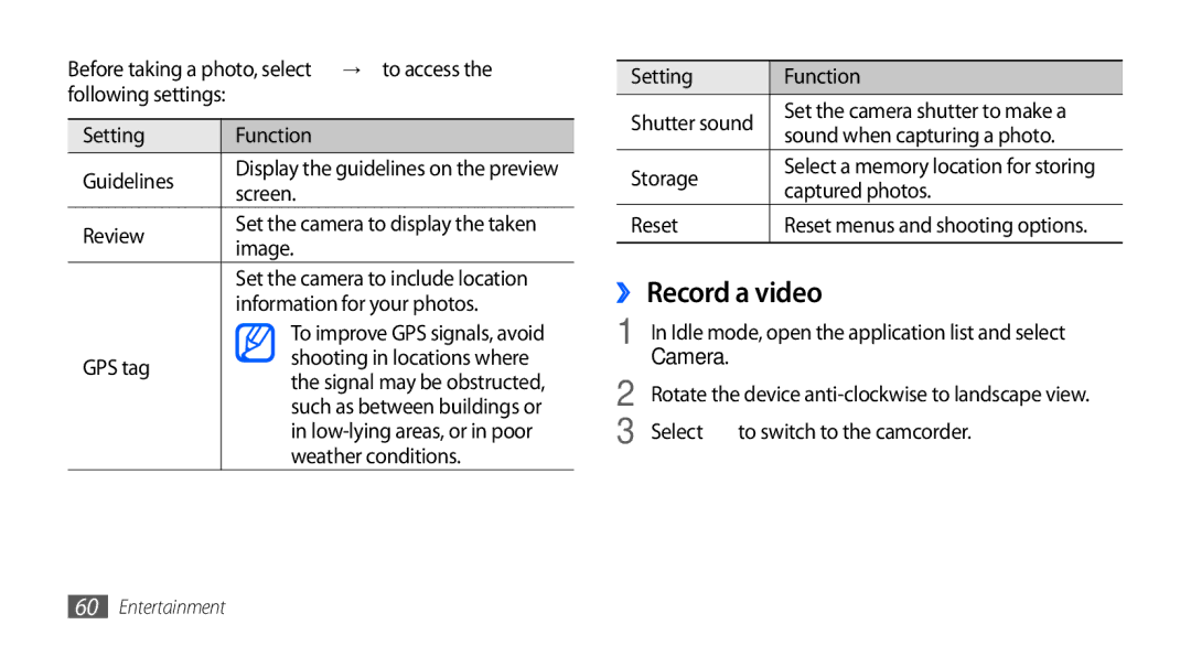 Samsung GT-I9001HKDEPL, GT-I9001HKDATO, GT-I9001HKDVIA, GT-I9001HKDVD2, GT-I9001HKDTUR, GT-I9001HKDDTM manual ›› Record a video 