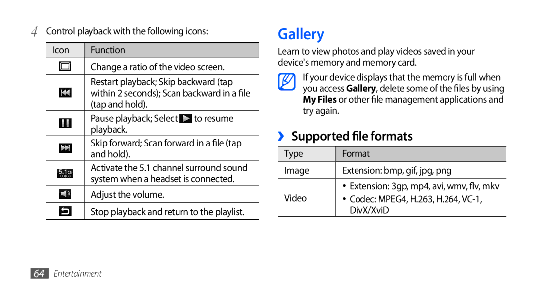 Samsung GT-I9001HKDTUR, GT-I9001HKDEPL, GT-I9001HKDATO, GT-I9001HKDVIA, GT-I9001HKDVD2 Gallery, ›› Supported file formats 