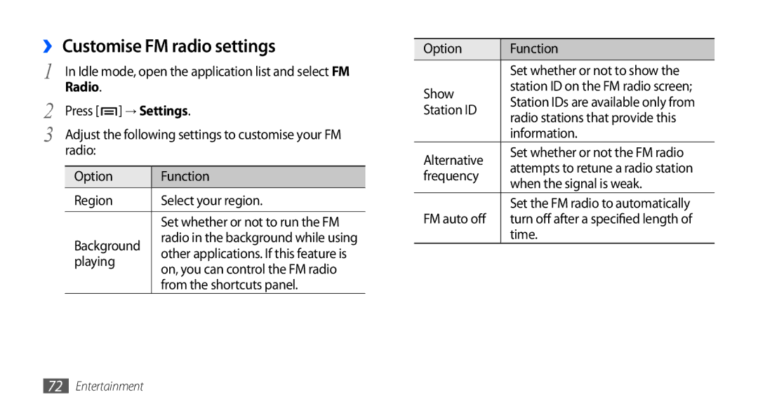 Samsung GT-I9001UWDDBT, GT-I9001HKDEPL, GT-I9001HKDATO, GT-I9001HKDVIA manual ›› Customise FM radio settings, → Settings 