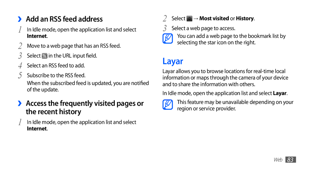 Samsung GT-I9001HKDDBT, GT-I9001HKDEPL, GT-I9001HKDATO manual Layar, ›› Add an RSS feed address, Select a web page to access 
