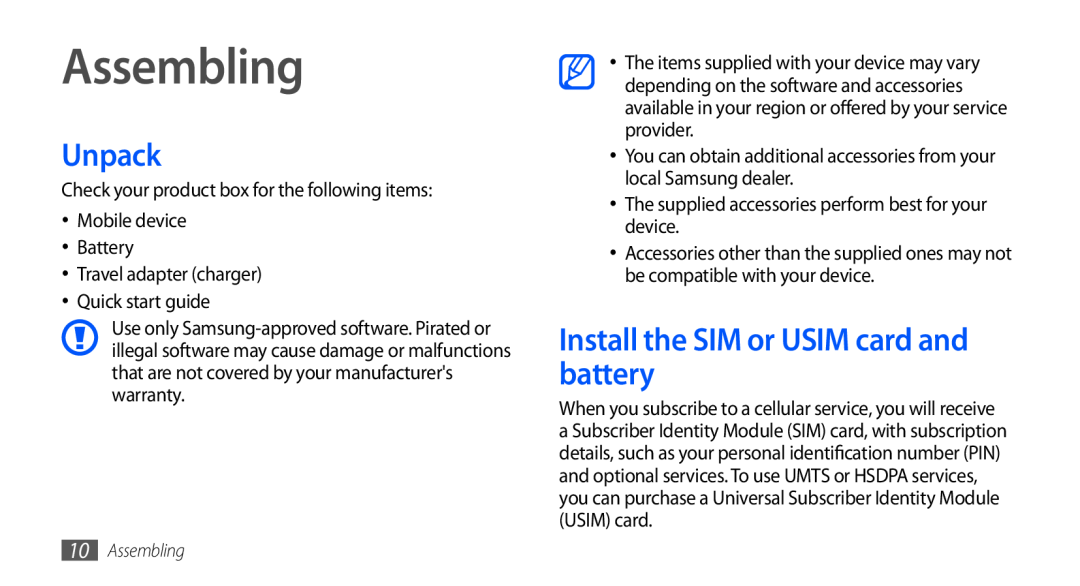 Samsung GT-I9001RWDDBT, GT-I9001HKDEPL, GT-I9001HKDATO manual Assembling, Unpack, Install the SIM or USIM card and battery 