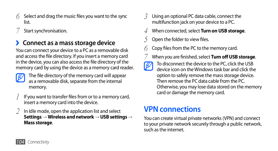 Samsung GT-I9001UWDSFR VPN connections, ›› Connect as a mass storage device, Mass storage, Open the folder to view files 