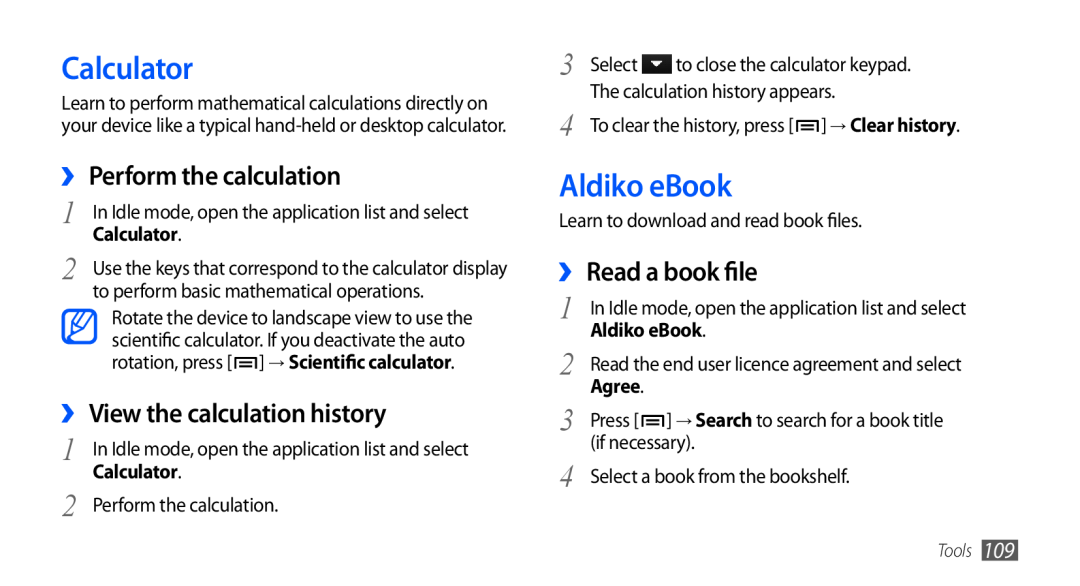 Samsung GT-I9001HKDWIN Calculator, Aldiko eBook, ›› Perform the calculation, ›› View the calculation history, Agree, Tools 