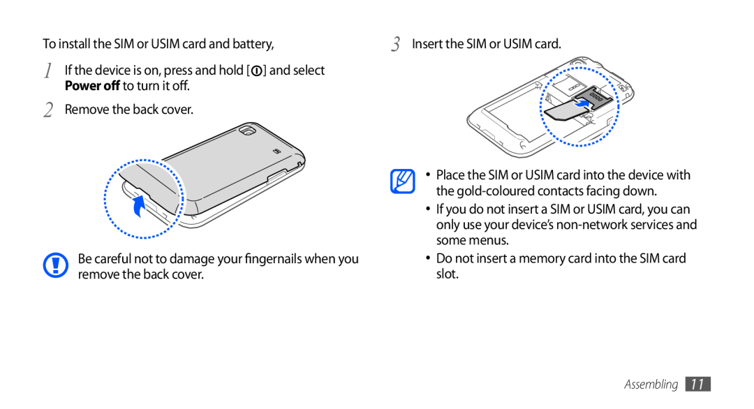 Samsung GT-I9001UWDDTM, GT-I9001HKDEPL, GT-I9001HKDATO, GT-I9001HKDVIA manual To install the SIM or USIM card and battery 