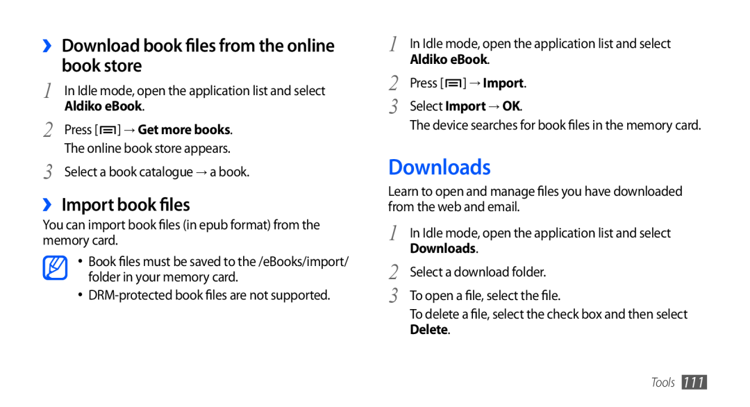 Samsung GT-I9001HKDITV Downloads, ›› Download book files from the online book store, ›› Import book files, Aldiko eBook 