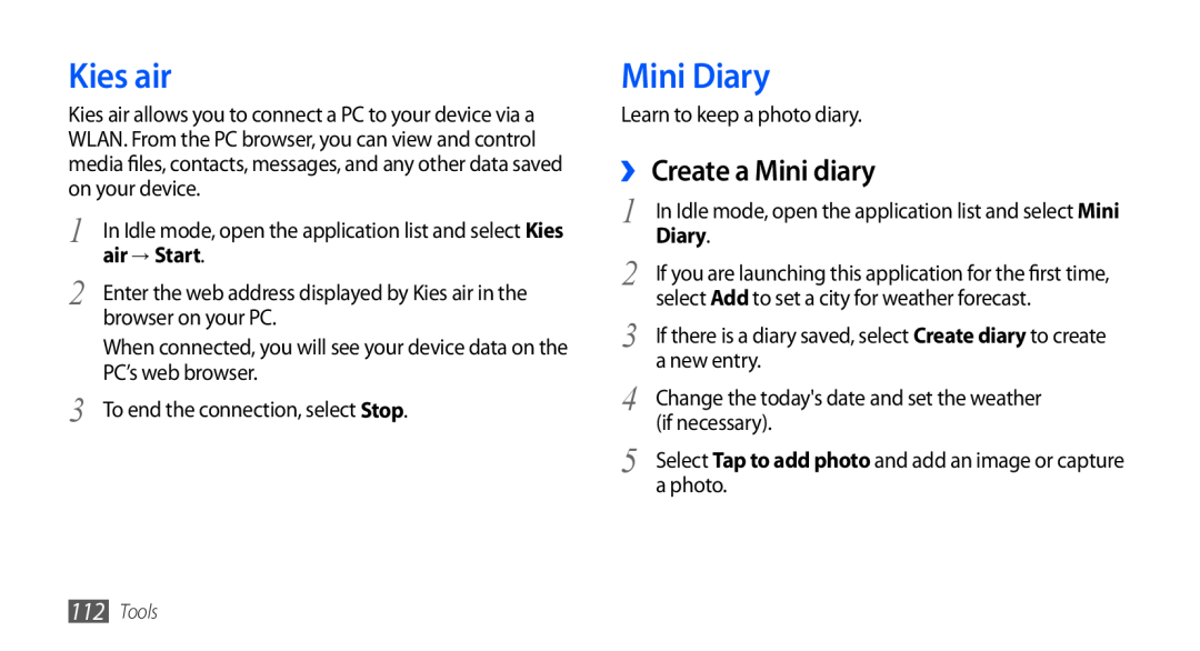 Samsung GT-I9001HKDHUI, GT-I9001HKDEPL, GT-I9001HKDATO Kies air, Mini Diary, ›› Create a Mini diary, air → Start, Tools 