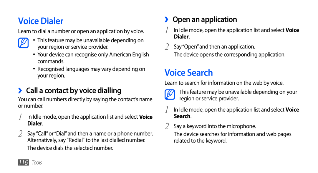 Samsung GT-I9001HKDAMN manual Voice Dialer, Voice Search, ›› Call a contact by voice dialling, ›› Open an application 