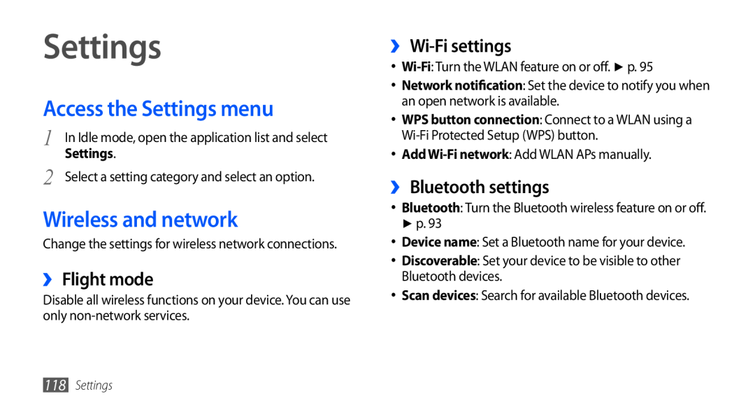 Samsung GT-I9001RWDAMN manual Access the Settings menu, Wireless and network, ›› Flight mode, ›› Wi-Fi settings 