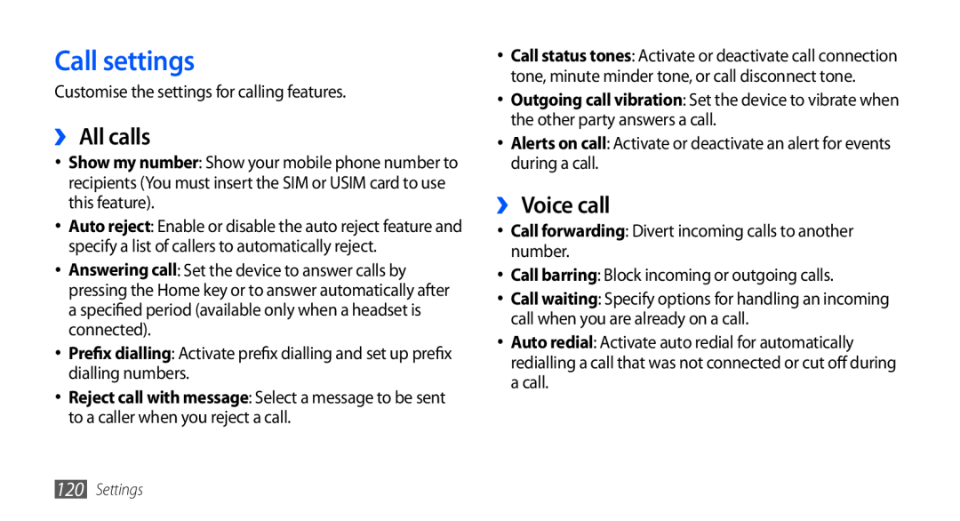 Samsung GT-I9001UWDAMN, GT-I9001HKDEPL, GT-I9001HKDATO, GT-I9001HKDVIA manual Call settings, ›› All calls, ›› Voice call 