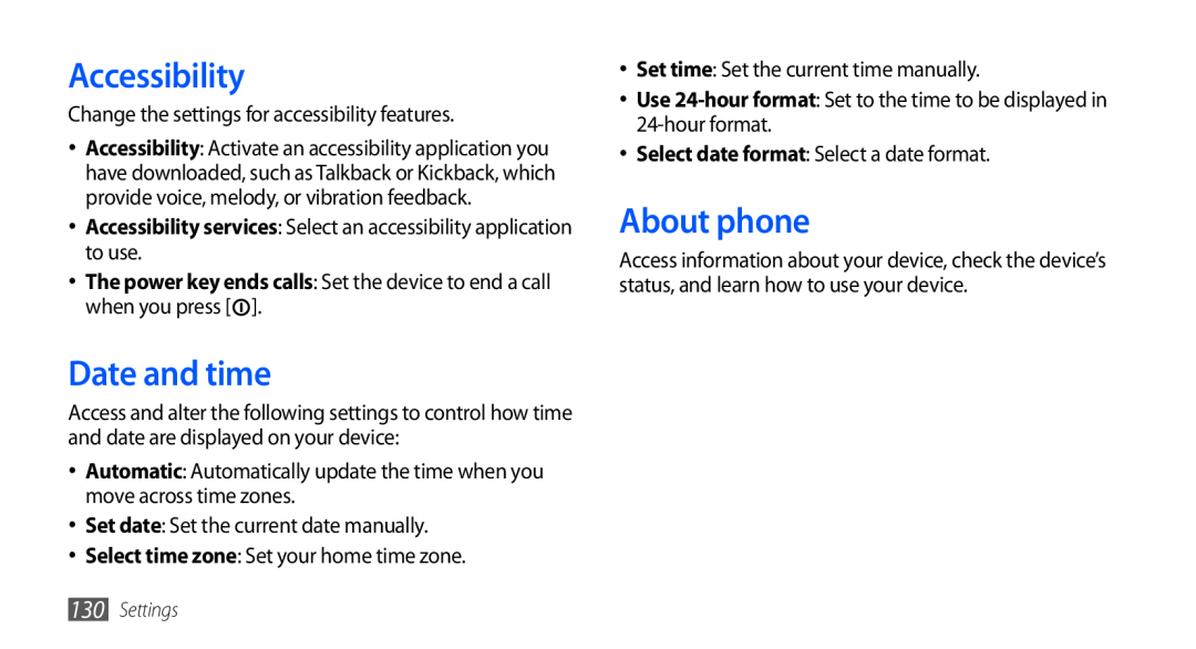 Samsung GT-I9001UWDKSA, GT-I9001HKDEPL, GT-I9001HKDATO, GT-I9001HKDVIA manual Accessibility, Date and time, About phone 