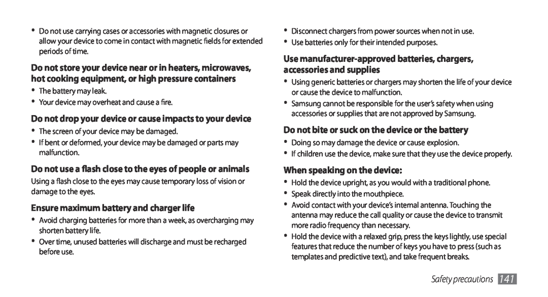 Samsung GT-I9001HKAKSA manual Ensure maximum battery and charger life, Do not bite or suck on the device or the battery 