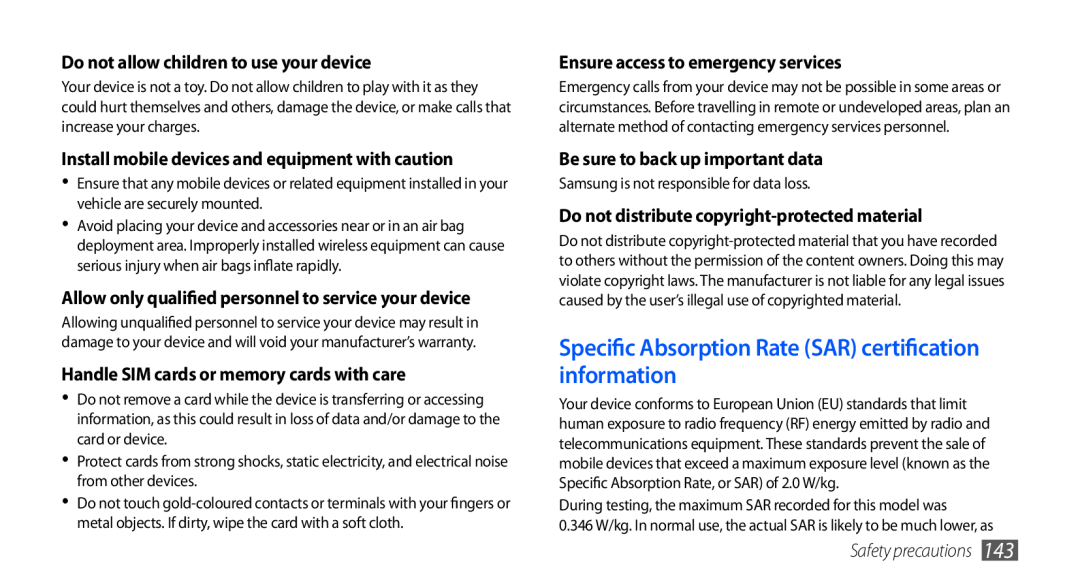 Samsung GT-I9001RWDJED Specific Absorption Rate SAR certification information, Do not allow children to use your device 