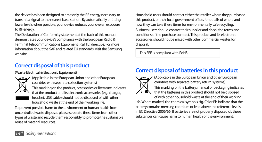 Samsung GT-I9001UWDTHR Correct disposal of this product, Correct disposal of batteries in this product, Safety precautions 