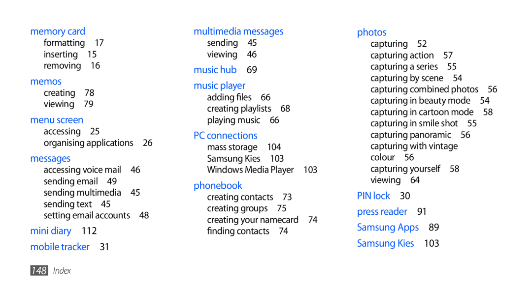 Samsung GT-I9001HKDGBL manual memory card, memos, multimedia messages, music player, phonebook, photos, viewing , Index 