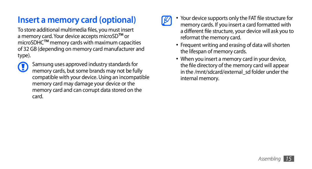 Samsung GT-I9001HKDSFR, GT-I9001HKDEPL, GT-I9001HKDATO, GT-I9001HKDVIA, GT-I9001HKDVD2 manual Insert a memory card optional 