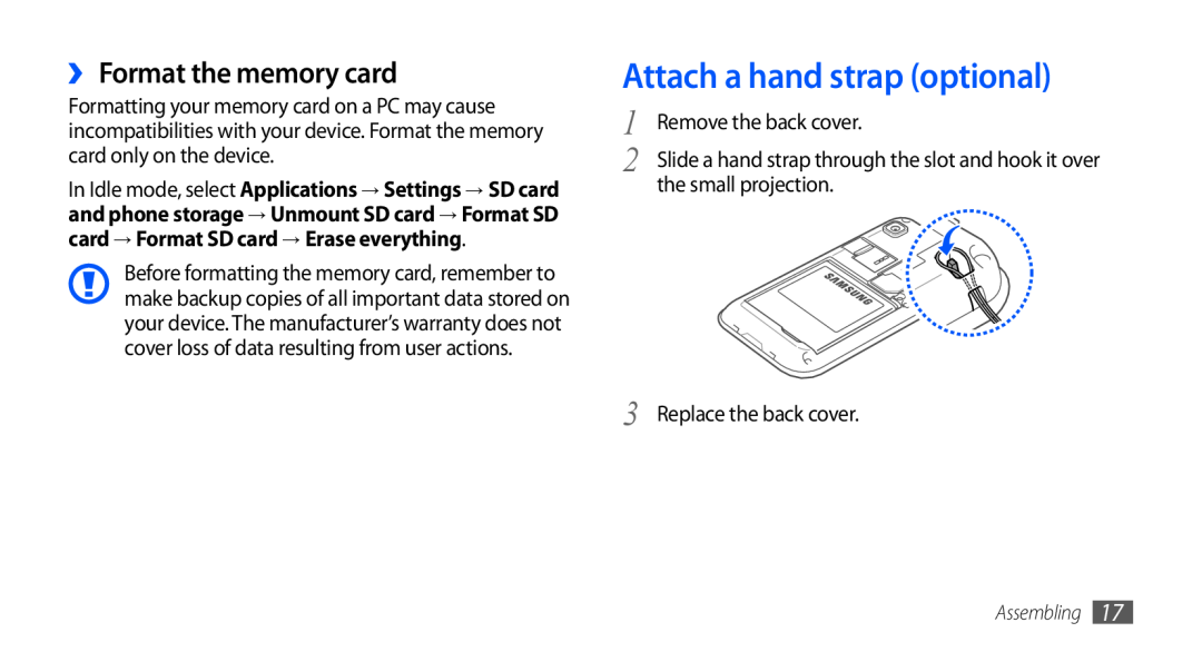 Samsung GT-I9001HKDXEF, GT-I9001HKDEPL, GT-I9001HKDATO Attach a hand strap optional, ›› Format the memory card, Assembling 
