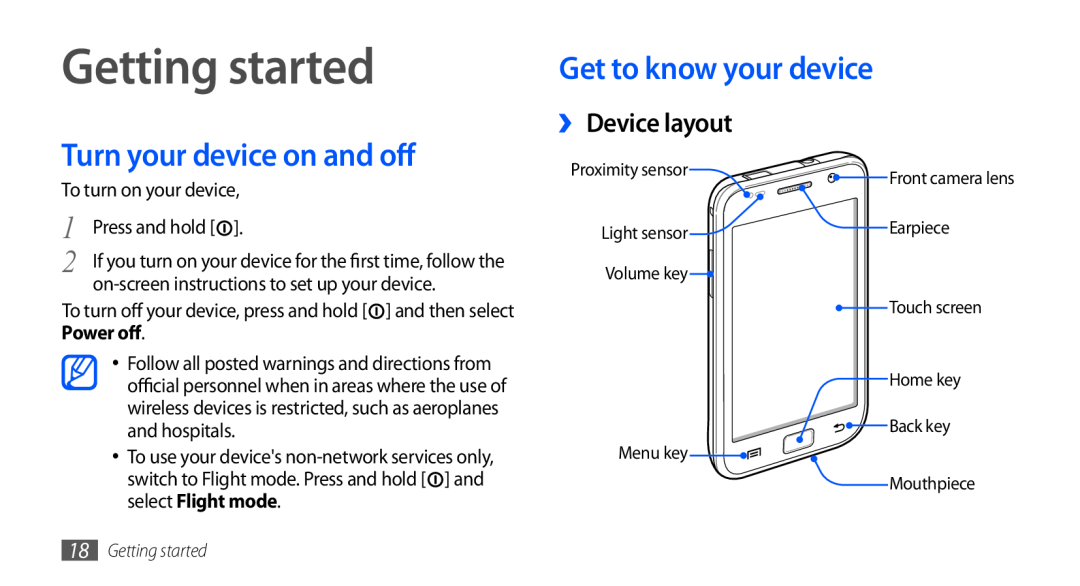Samsung GT-I9001UWDSFR manual Getting started, Get to know your device, Turn your device on and off, ›› Device layout 