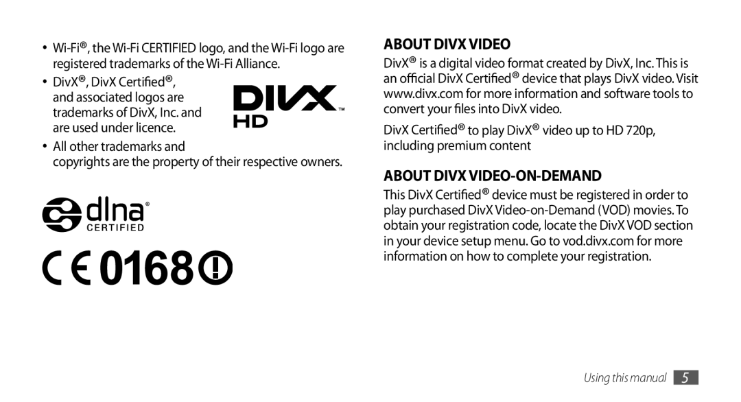 Samsung GT-I9001HKDDTM, GT-I9001HKDEPL About Divx Video-On-Demand, All other trademarks and, Using this manual 
