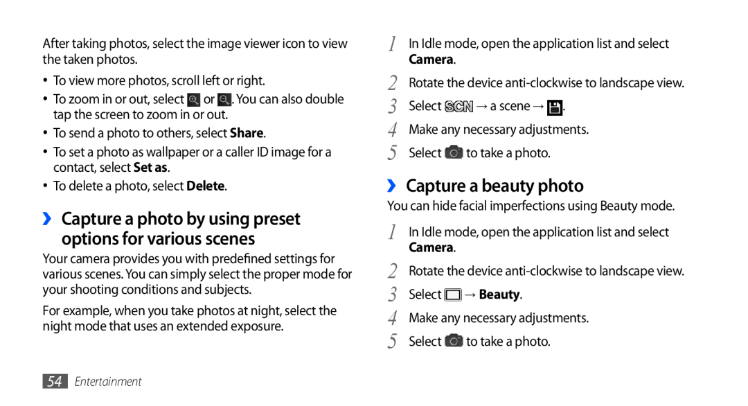 Samsung GT-I9001UWDJED ›› Capture a photo by using preset options for various scenes, ›› Capture a beauty photo, Camera 