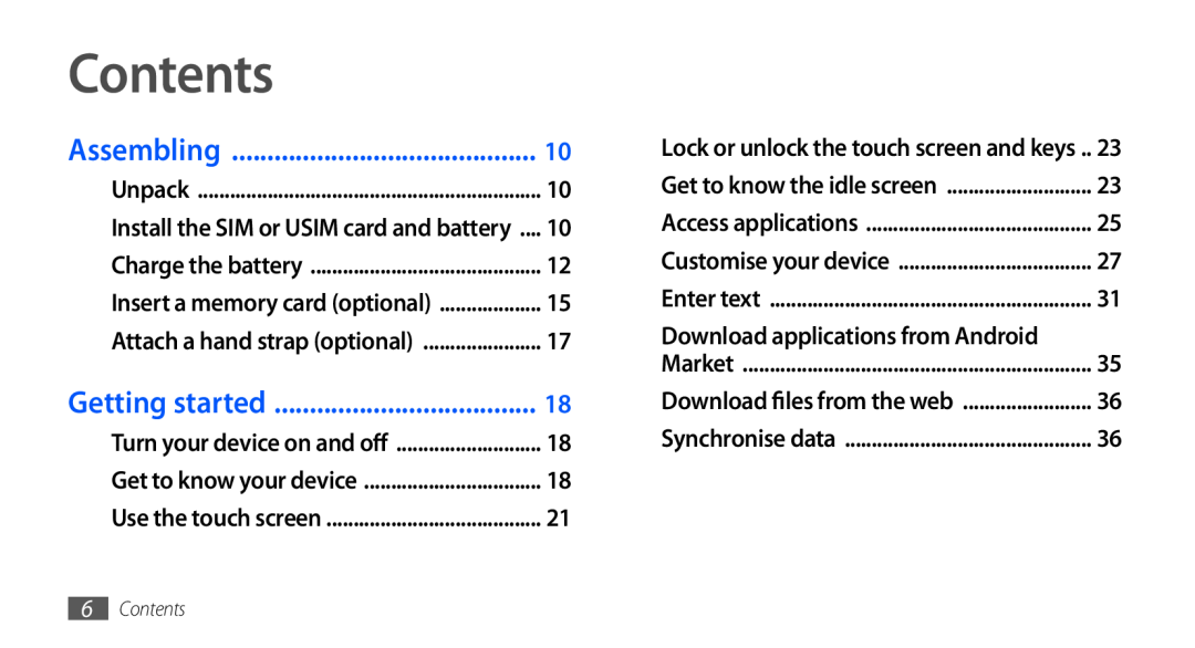 Samsung GT-I9001HKDVIT manual Contents, Assembling, Getting started, Download applications from Android, Unpack, Enter text 