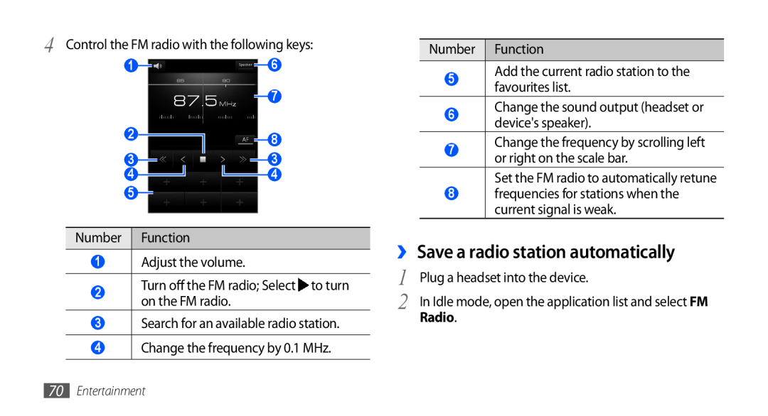 Samsung GT-I9001HKDXSK manual ›› Save a radio station automatically, Radio, Set the FM radio to automatically retune 