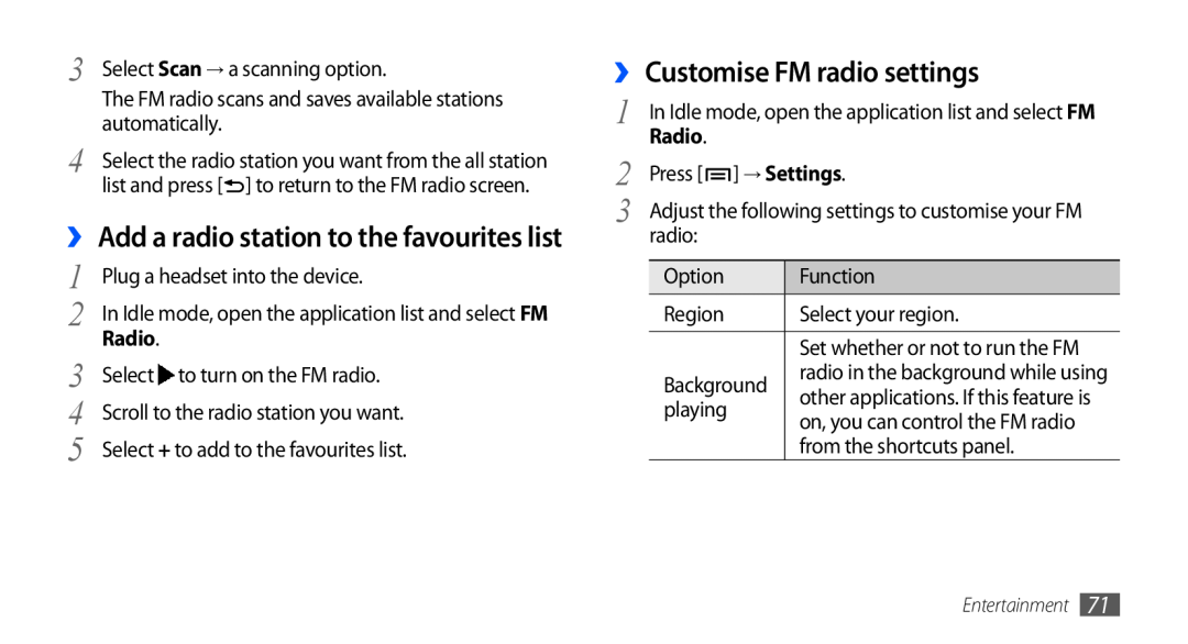 Samsung GT-I9001HKDXEZ ›› Customise FM radio settings, ›› Add a radio station to the favourites list, → Settings, Radio 