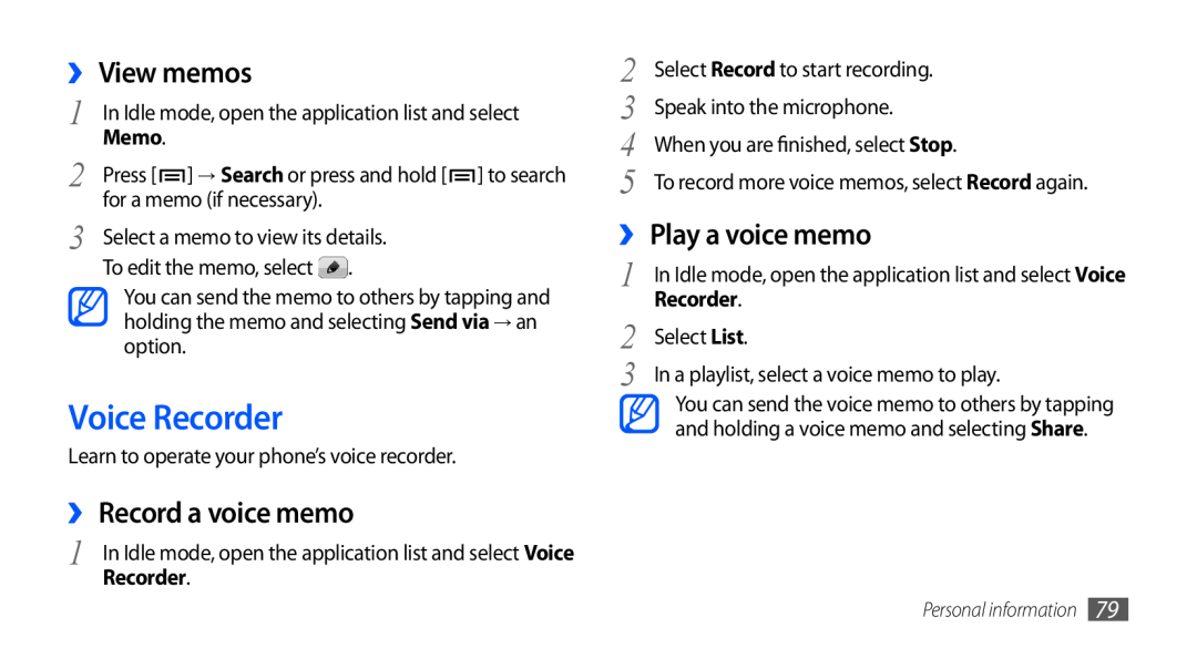 Samsung GT-I9001HKDCOS, GT-I9001HKDEPL Voice Recorder, ›› View memos, ›› Record a voice memo, ›› Play a voice memo, Memo 