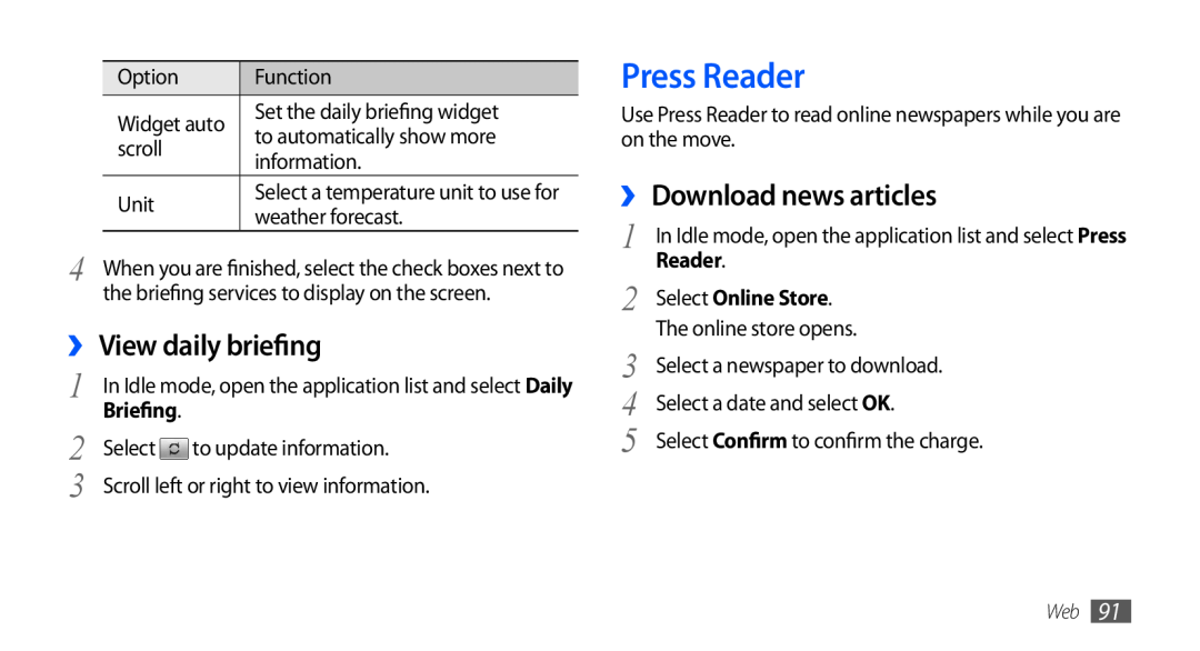 Samsung GT-I9001HKDDTM manual Press Reader, ›› View daily briefing, ›› Download news articles, Select Online Store 