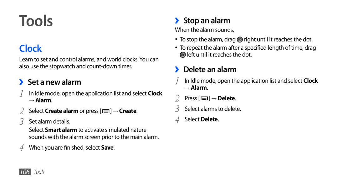 Samsung GT-I9001HKDATO, GT-I9001HKDEPL Tools, Clock, ›› Set a new alarm, ›› Stop an alarm, ›› Delete an alarm, → Alarm 