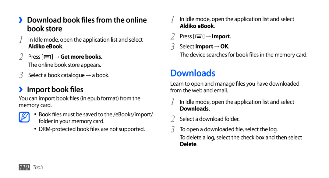 Samsung GT-I9001HKDDTM Downloads, ›› Download book files from the online book store, ›› Import book files, Aldiko eBook 