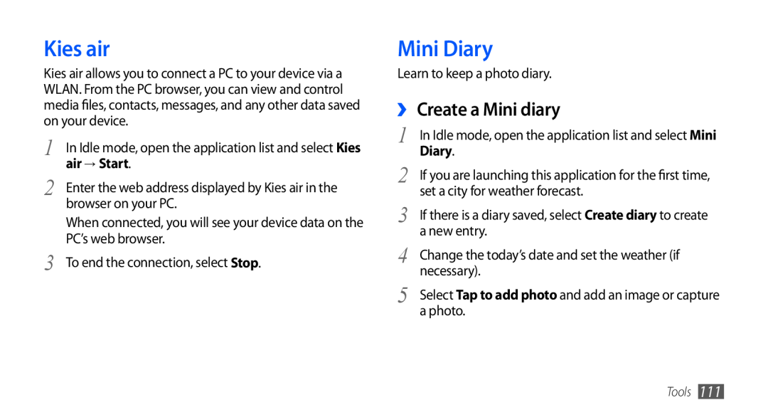Samsung GT-I9001HKDVIT, GT-I9001HKDEPL, GT-I9001HKDATO Kies air, Mini Diary, ›› Create a Mini diary, air → Start, Tools 