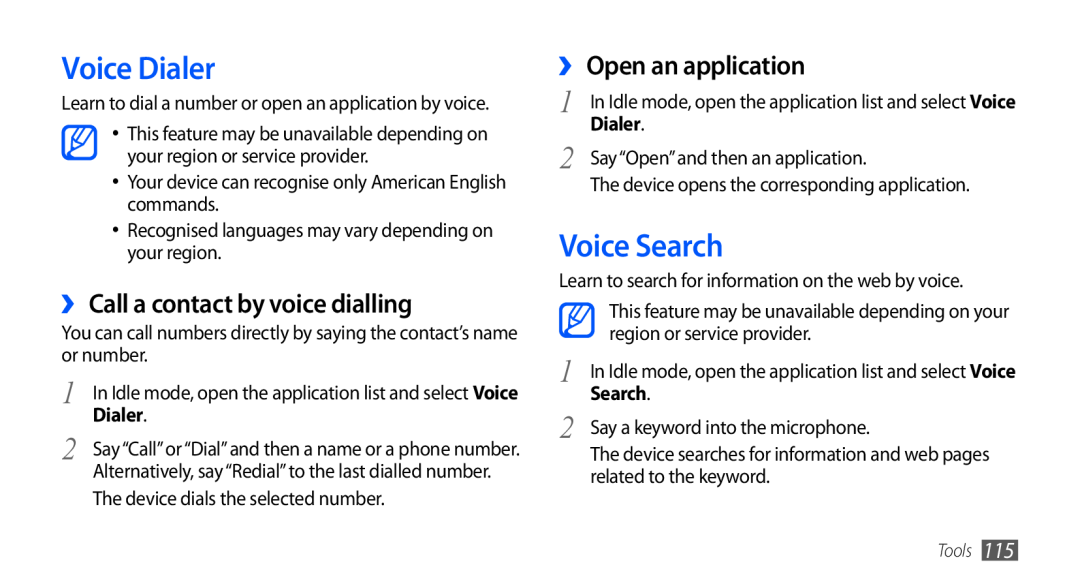 Samsung GT-I9001RWDDBT manual Voice Dialer, Voice Search, ›› Call a contact by voice dialling, ›› Open an application 