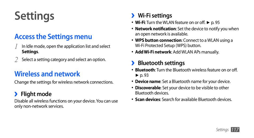 Samsung GT-I9001UWDDBT manual Access the Settings menu, Wireless and network, ›› Flight mode, ›› Wi-Fi settings 