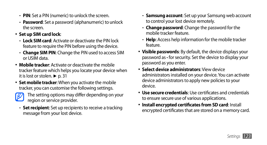 Samsung GT-I9001HKDVD2 manual Set up SIM card lock, Change password Change the password for the mobile tracker feature 