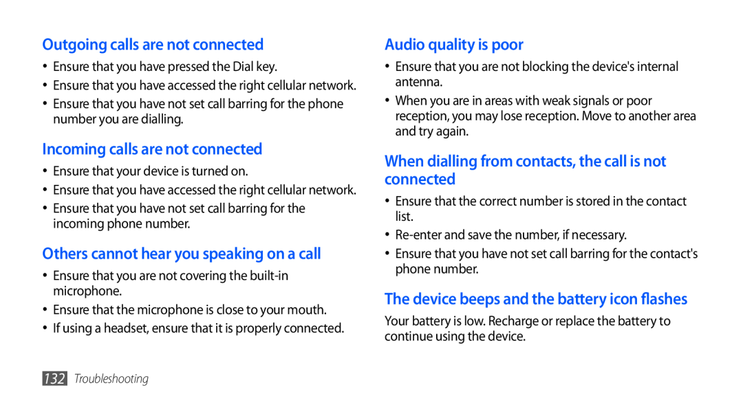 Samsung GT-I9001UWDDBT manual Outgoing calls are not connected, Incoming calls are not connected, Audio quality is poor 