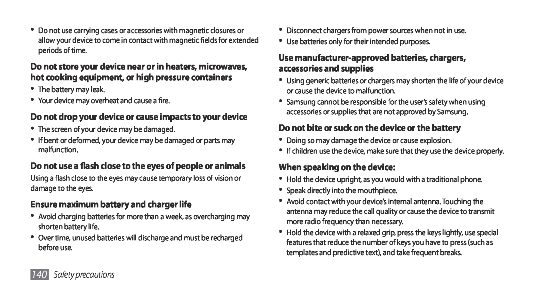 Samsung GT-I9001HKDDTM manual Ensure maximum battery and charger life, Do not bite or suck on the device or the battery 