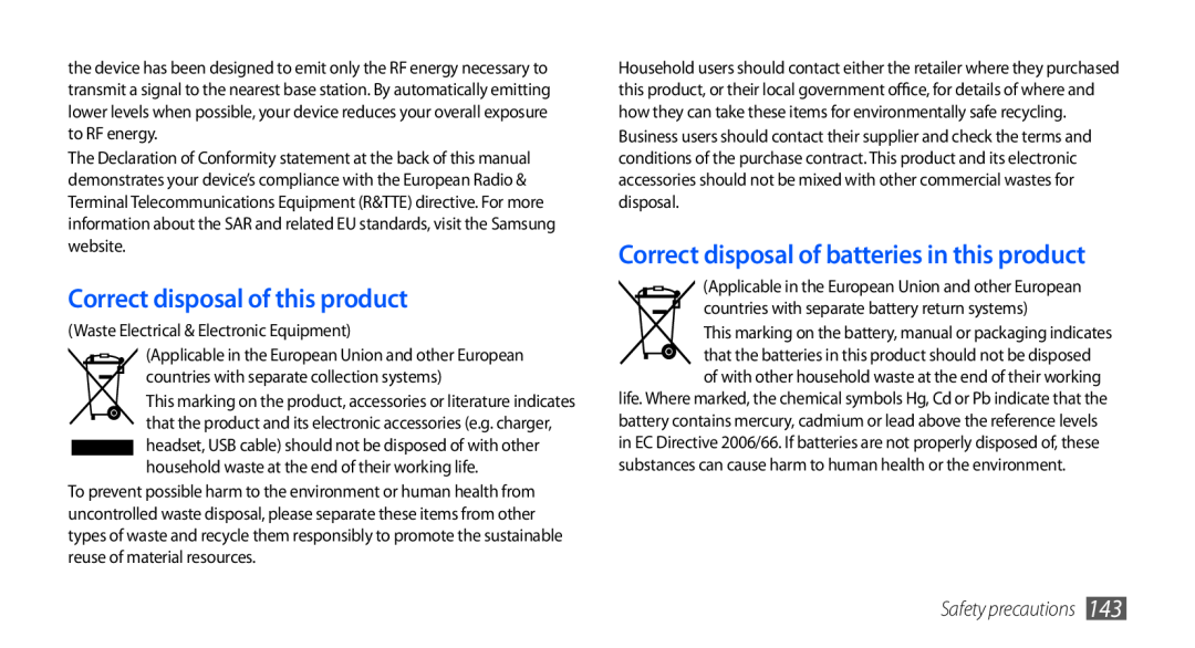 Samsung GT-I9001HKDDBT Correct disposal of this product, Correct disposal of batteries in this product, Safety precautions 