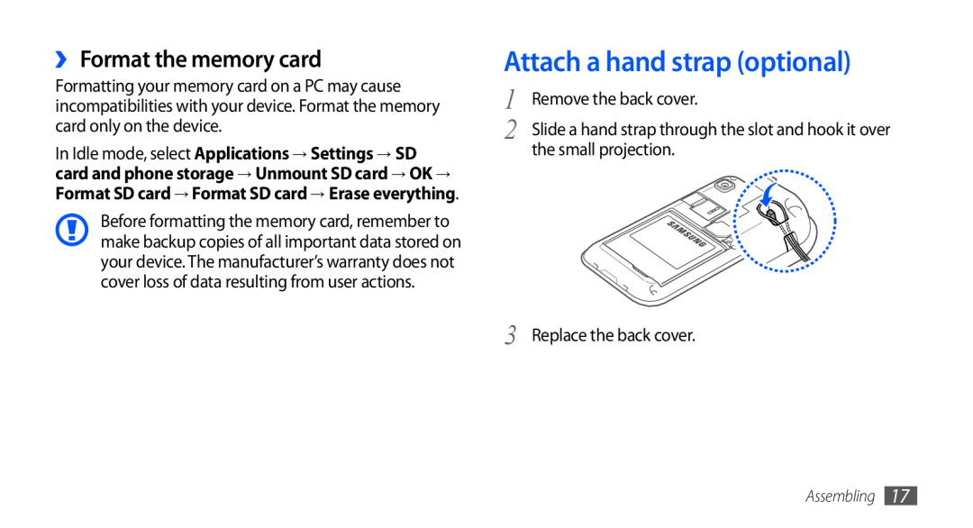 Samsung GT-I9001HKDVIA, GT-I9001HKDEPL, GT-I9001HKDATO Attach a hand strap optional, ›› Format the memory card, Assembling 