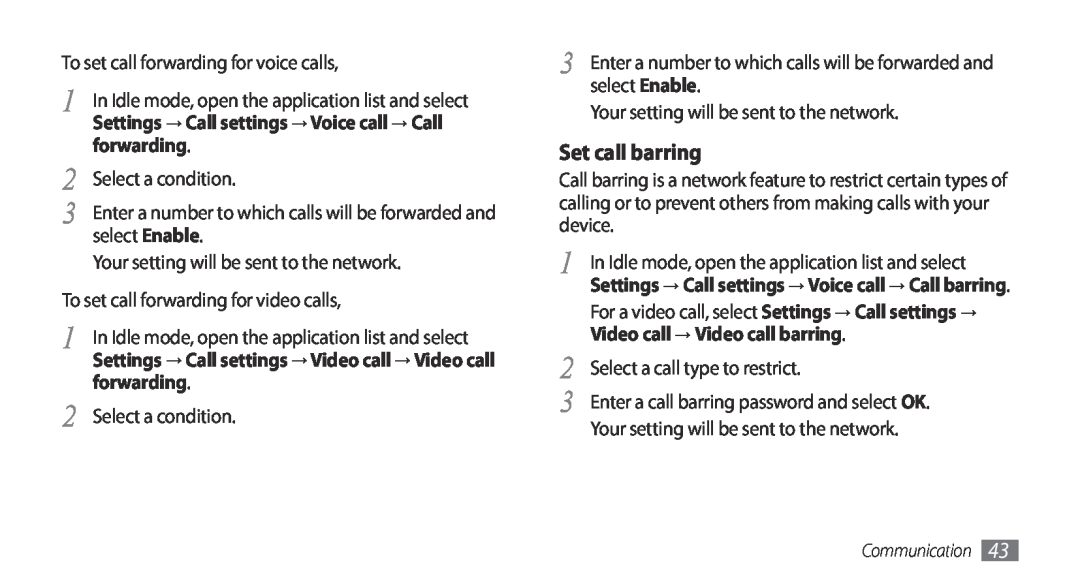 Samsung GT-I9001RWDVIA manual Set call barring, Settings → Call settings → Voice call → Call forwarding, Select a condition 