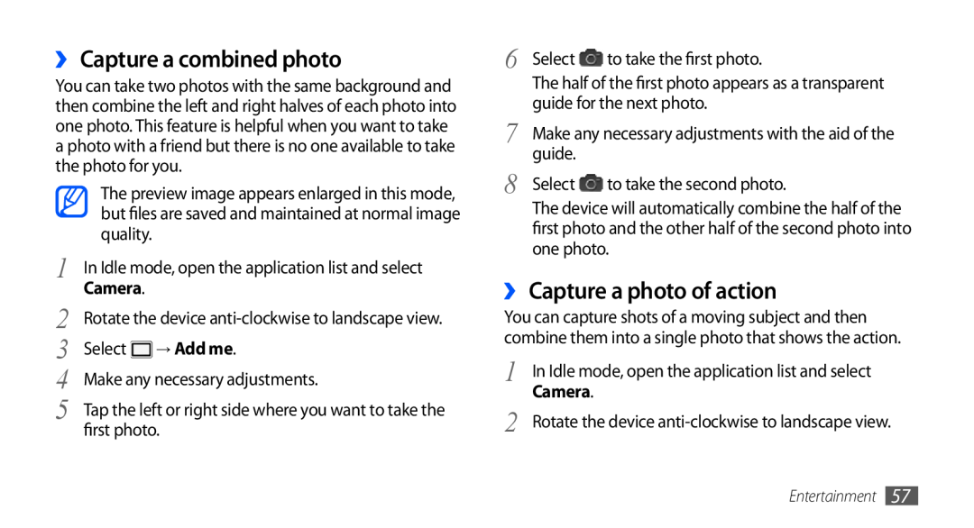 Samsung GT-I9001UWDDBT, GT-I9001HKDEPL manual ›› Capture a combined photo, ›› Capture a photo of action, → Add me, Camera 
